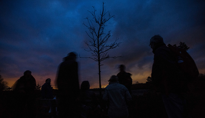 mensen bij een blauwe oranje lucht