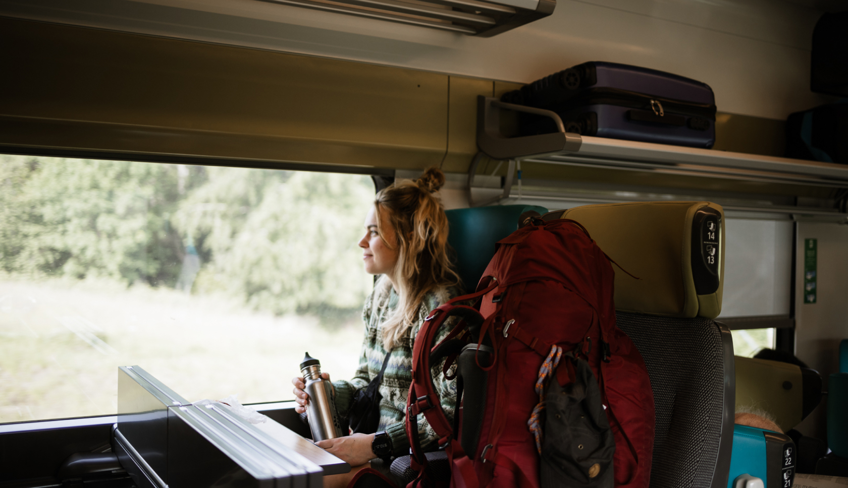 Een jonge vrouw zit in de trein met een rode backpack naast haar