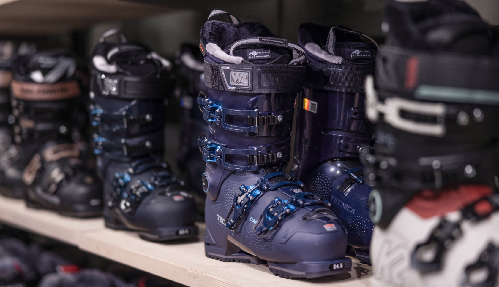 skischoenen op een plank