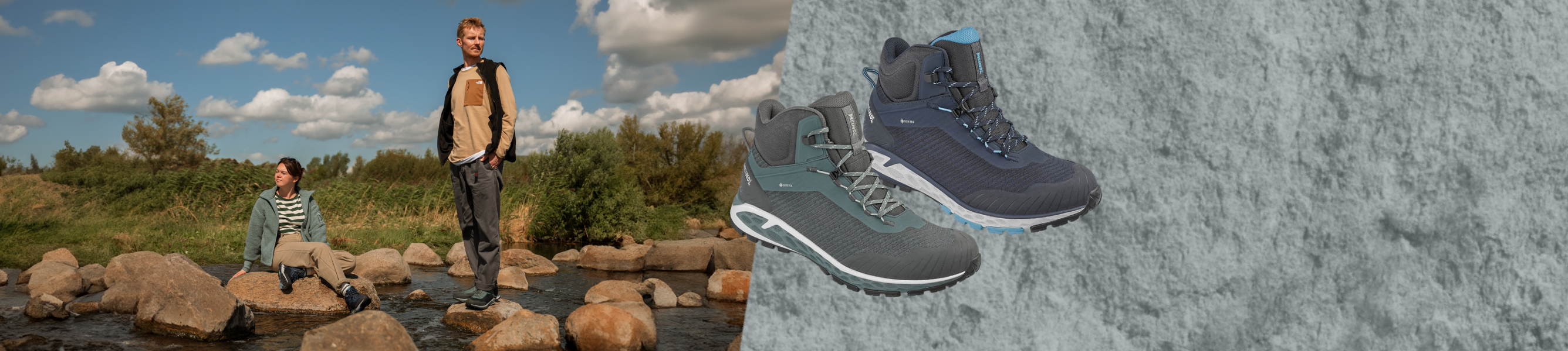 links twee mensen op rotsen in een riviertje in een bos, rechts een grijs vlak met de nieuwe power walker van meindl